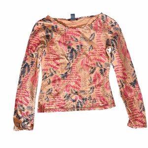 Marithe Francois Girbaud Long Sleeve Tan Patterned Graphic Floral Top M